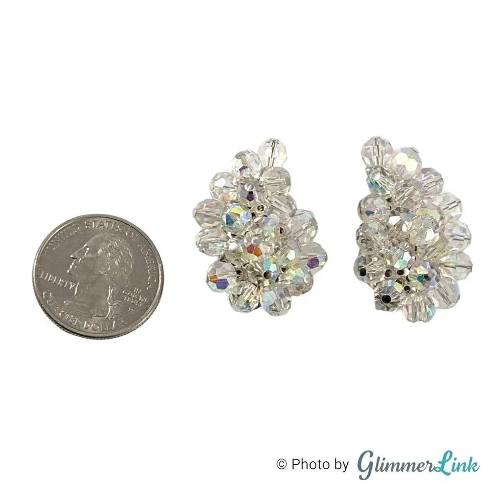 VTG AB Aurora Borealis Beaded Paisley Cluster Silver Tone Clip On Earrings